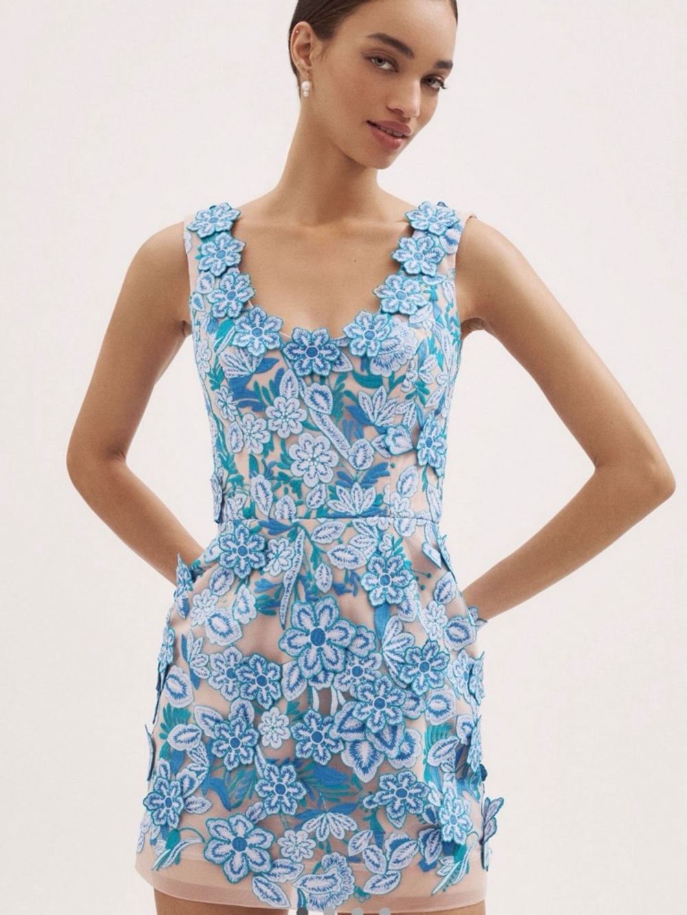 Sky Blue Floral Appliqué Mini Dress